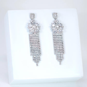 CZ Dainty Celestial Rain Diamond Tassel Drop Crystal, Diamond Leaves Earrings, Long Bridal Jewelry, Bridal Earrings, Crystal Bridal Earrings